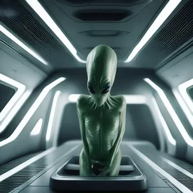 The alien creature comfortably fit into its futuristic spaceship.