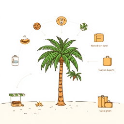 A professional doodle-style illustration for a corporate presentation featuring a flourishing grove of palm trees, actively being tended with water and fertilizer