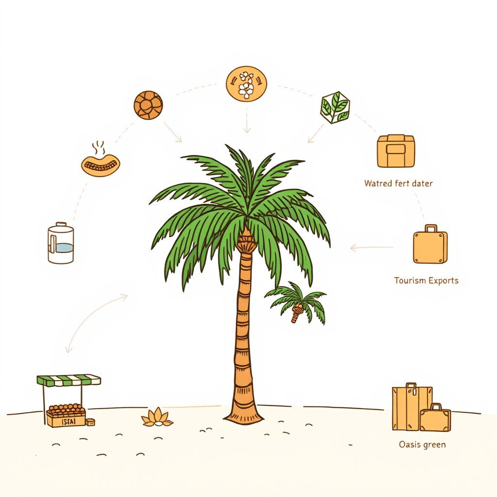 A professional doodle-style illustration for a corporate presentation featuring a flourishing grove of palm trees, actively being tended with water and fertilizer