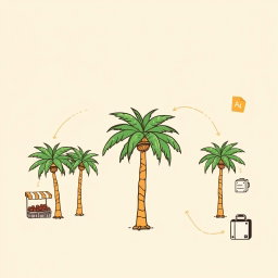 A professional doodle-style illustration for a corporate presentation featuring a flourishing grove of palm trees, actively being tended with water and fertilizer