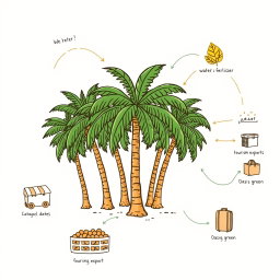 A professional doodle-style illustration for a corporate presentation featuring a flourishing grove of palm trees, actively being tended with water and fertilizer