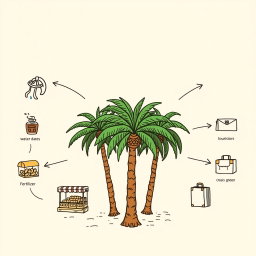 A professional doodle-style illustration for a corporate presentation featuring a flourishing grove of palm trees, actively being tended with water and fertilizer