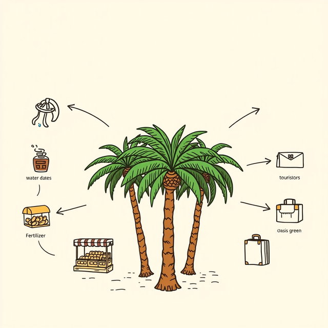 A professional doodle-style illustration for a corporate presentation featuring a flourishing grove of palm trees, actively being tended with water and fertilizer