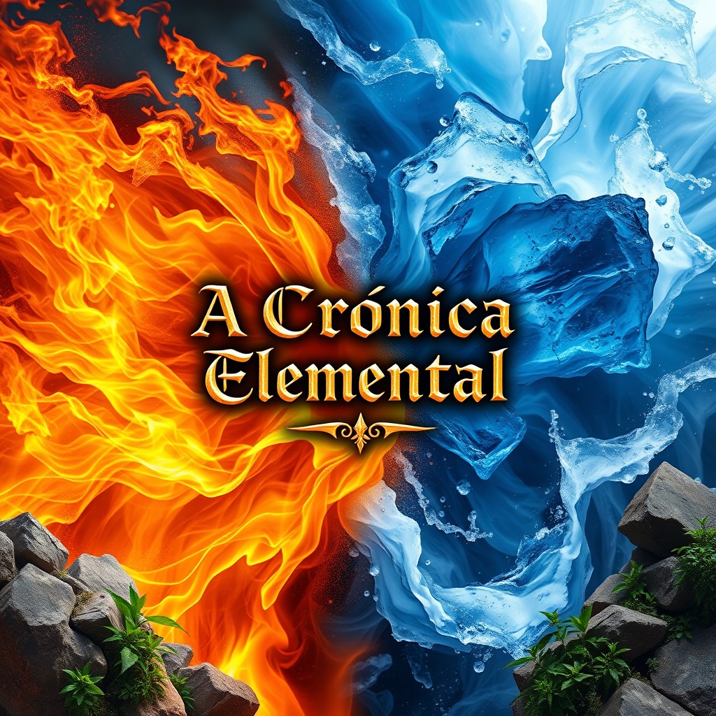 A breathtaking epic cover featuring the four elements of nature: fire, earth, ice, and water