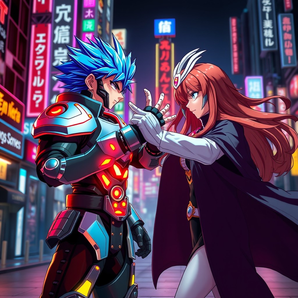 A vibrant and colorful cosplay scene featuring two characters from a popular anime series