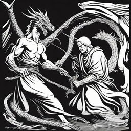 A high contrast, black and white vector-style illustration of Saint Anger fighting with a dragon. The design should be simple, flat and portrayed in line art.