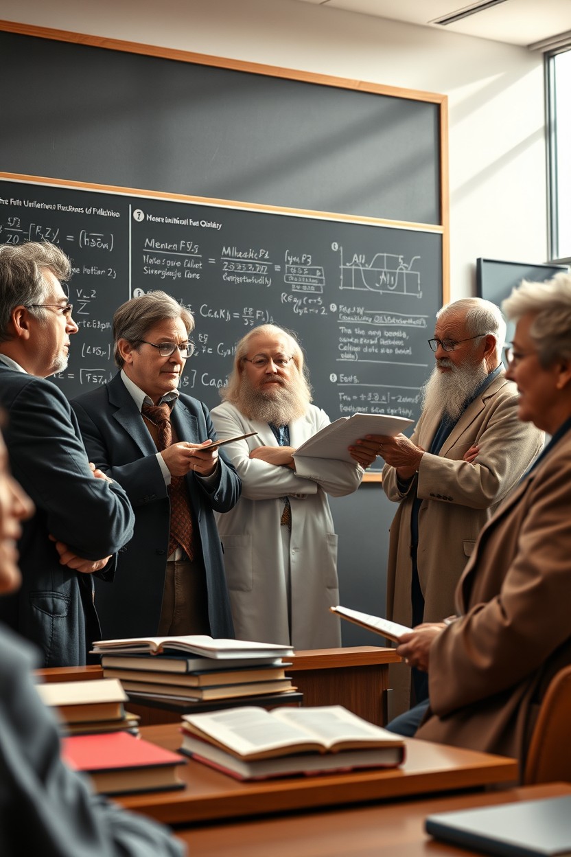 A detailed and dynamic scene featuring seven professors, three young (two male, one female) and four old (two male, two female), engaged in an intellectual debate in a university lecture hall