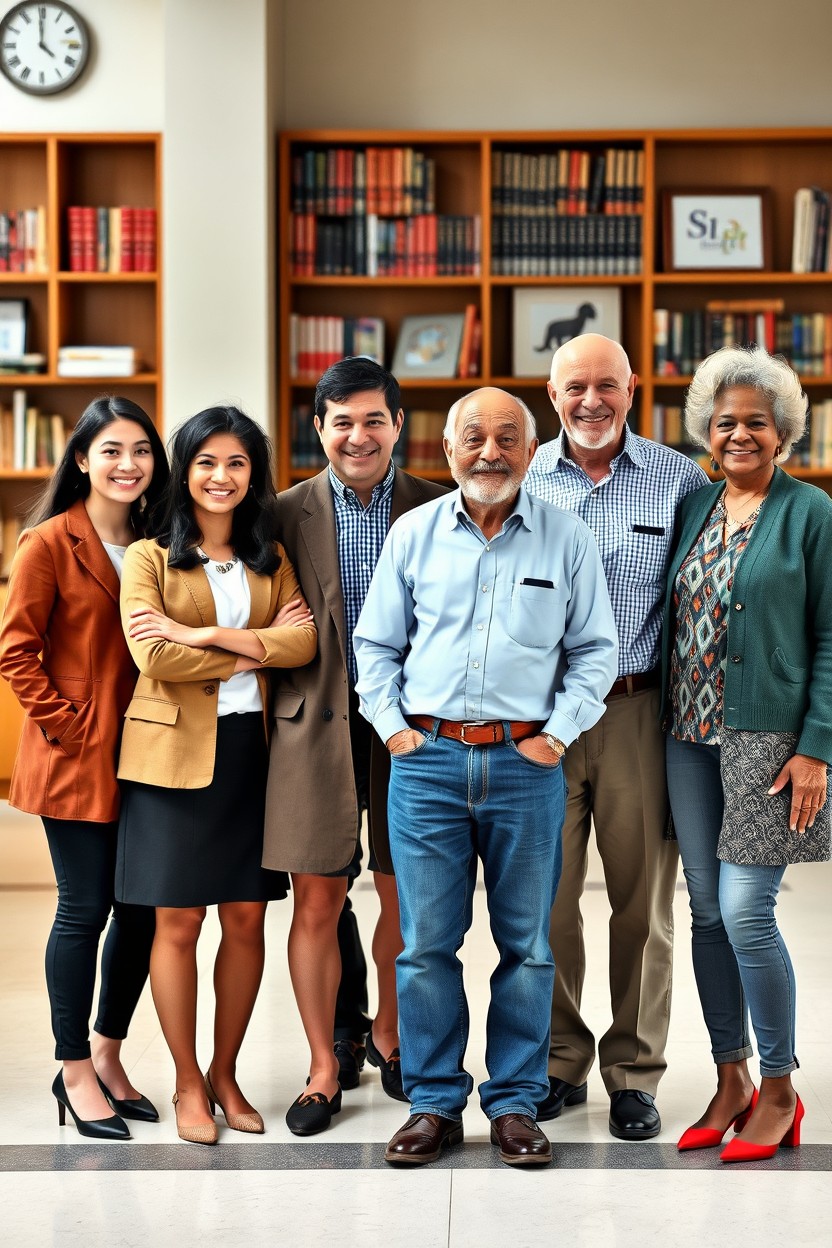 A group portrait of eight professors representing diverse ages and backgrounds, showcasing three young individuals and four older individuals