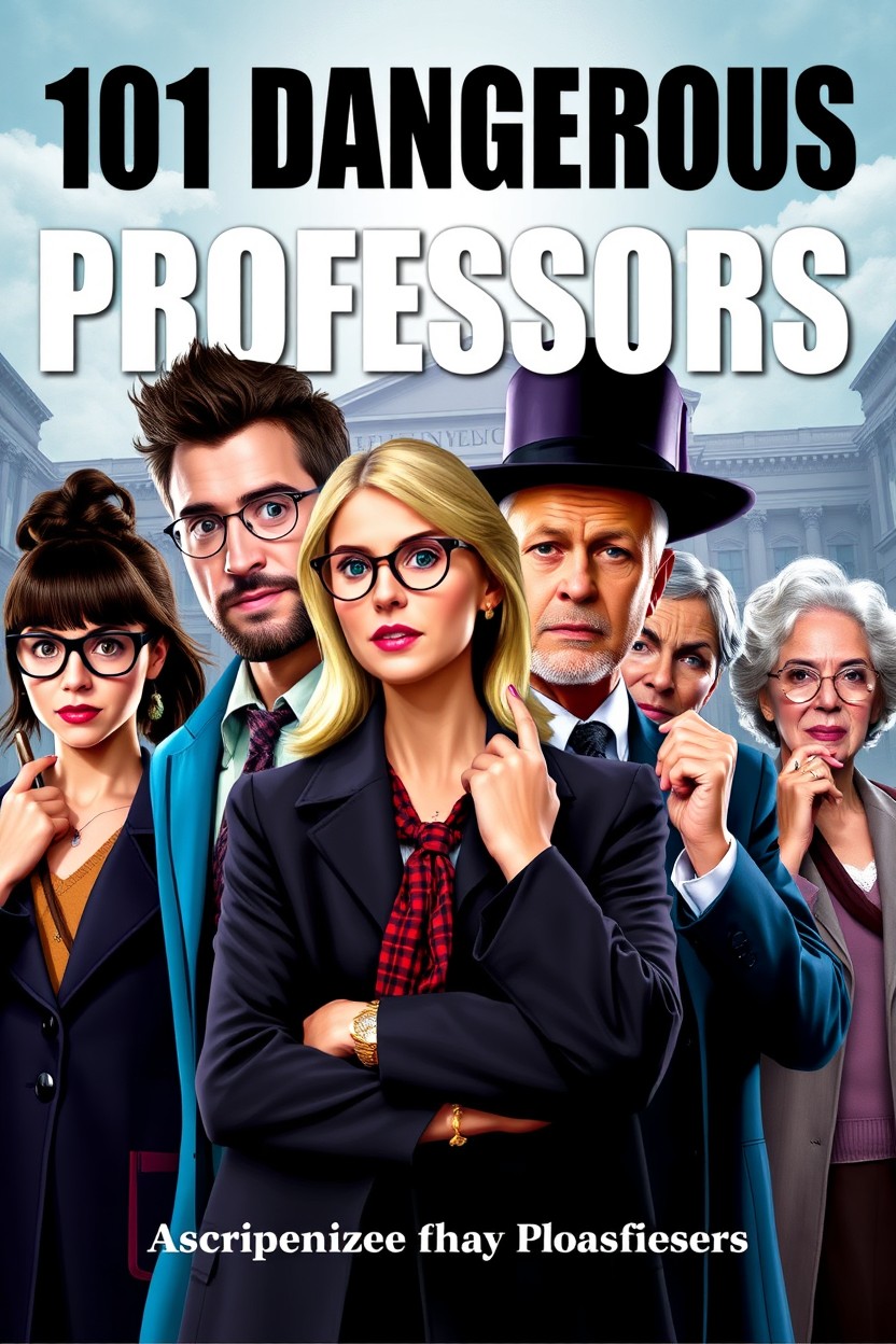 A dynamic and engaging book cover titled '101 Dangerous Professors' featuring a diverse group of 7 professors