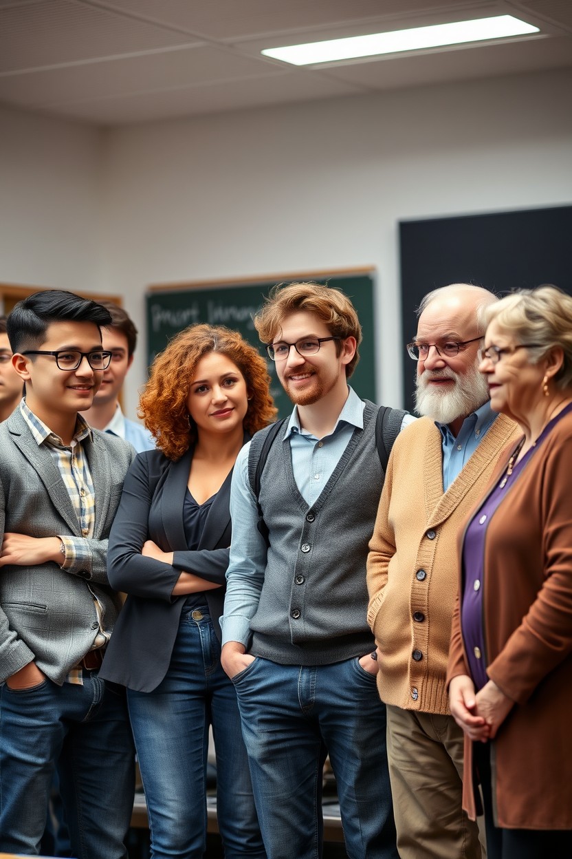 A group of seven professors gathered in a university lecture hall, each exhibiting distinct personalities