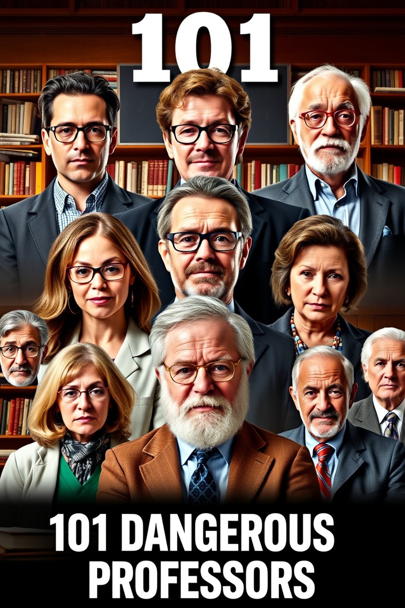 A dynamic collage showcasing a diverse group of individuals, titled '101 Dangerous Professors'