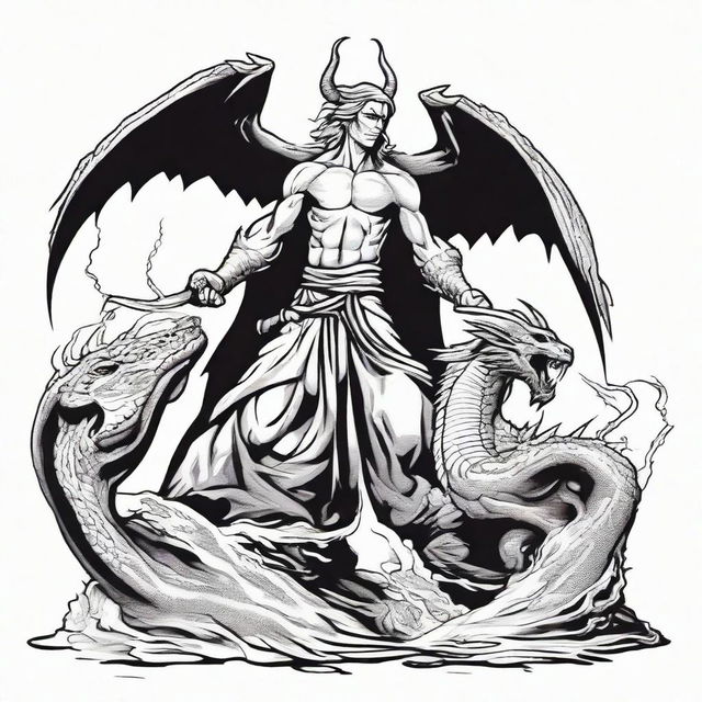 A high contrast, black and white vector-style illustration of Saint Anger fighting with a dragon. The design should be simple, flat and portrayed in line art.