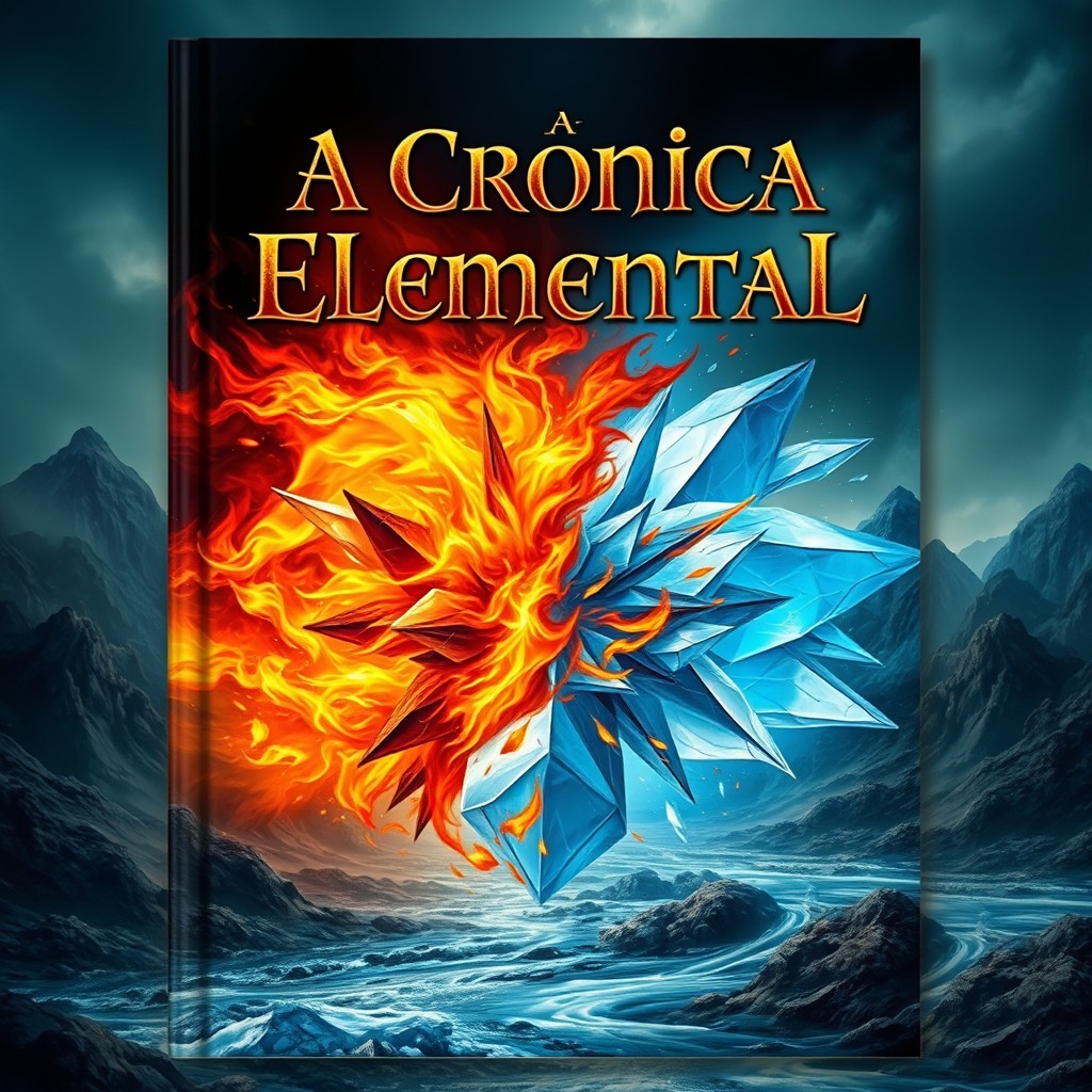 An epic fantasy book cover featuring the four elements of nature: fire, earth, ice, and water