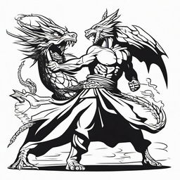 A high contrast, black and white vector-style illustration of Saint Anger fighting with a dragon. The design should be simple, flat and portrayed in line art.