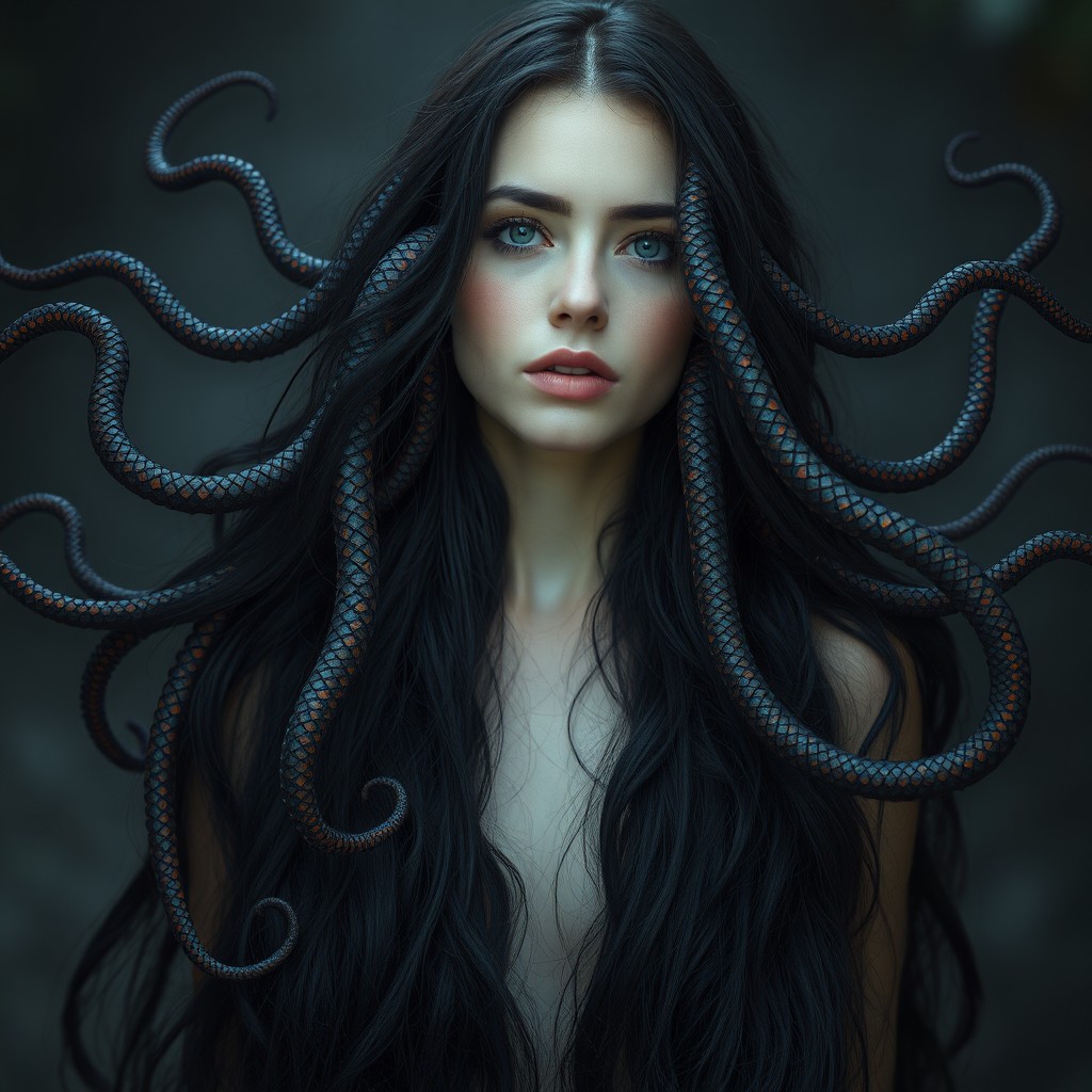 A captivating woman with long, flowing black hair cascading down her shoulders, each strand glistening with scales of jet black and ember hues
