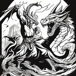 A high contrast, black and white vector-style illustration of Saint Anger fighting with a dragon. The design should be simple, flat and portrayed in line art.