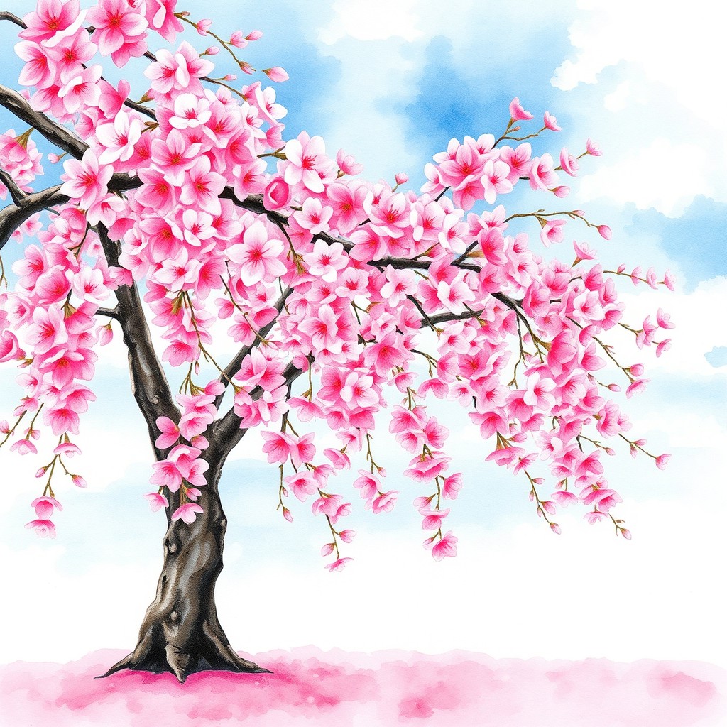 A beautiful watercolor painting of a cherry blossom tree in full bloom, showcasing vibrant pink and white flowers cascading from delicate branches