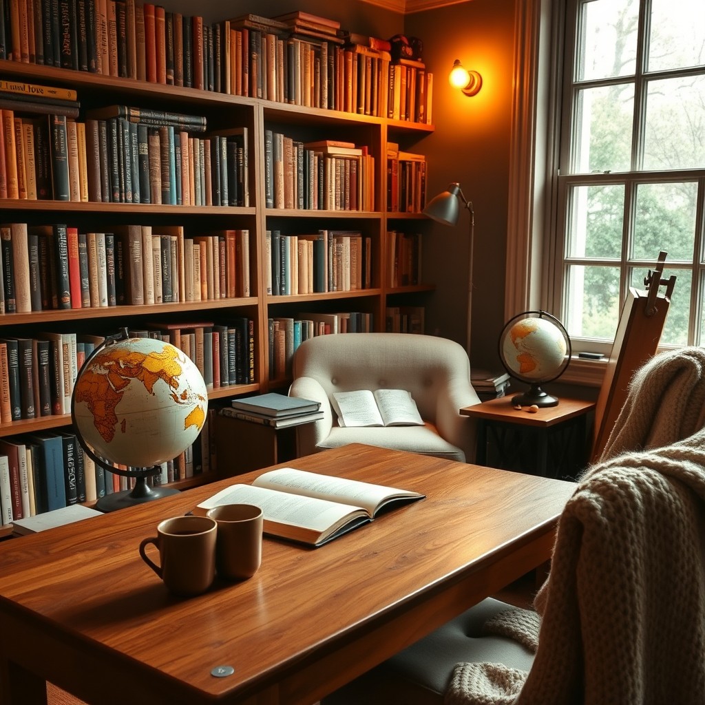 A cozy study room with warm lighting, filled with shelves lined with books, a wooden desk with an open notebook and a steaming mug of coffee, a vintage globe in the corner, soft armchair with a knitted blanket, and a large window letting in natural light, creating an inviting atmosphere for reading and studying