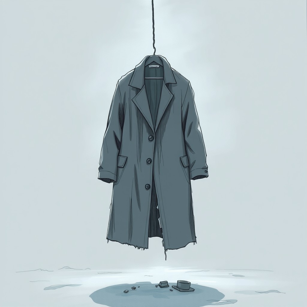 A sketch of a torn overcoat hanging limply in a cold, snowy backdrop, with soft, fading lamplight casting a dull glow