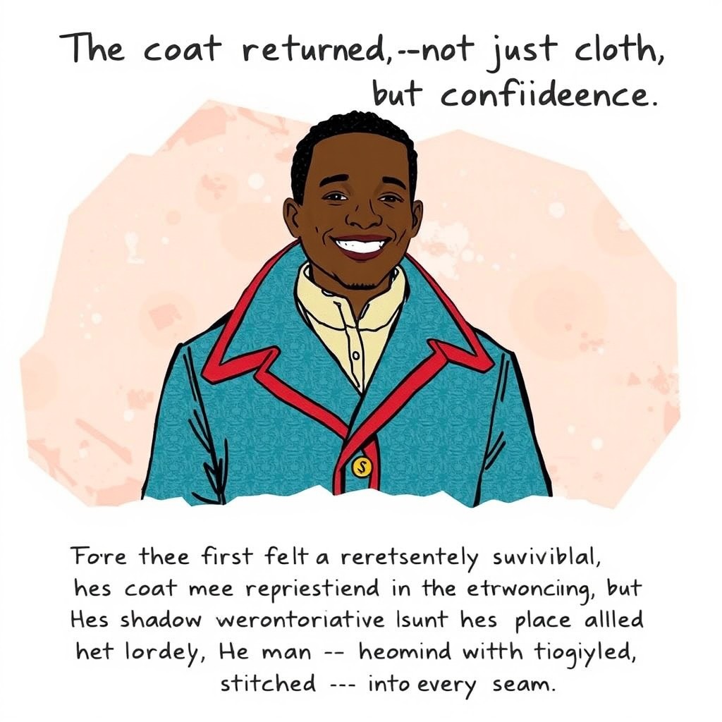 A hand-drawn illustration of Akakiy smiling, dressed in a vibrant overcoat with red trim, conveying joy and renewal