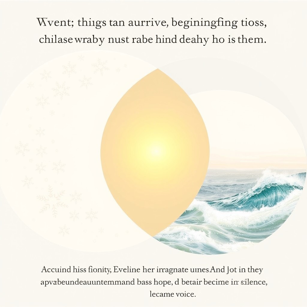 An artistic representation featuring overlapping circles: one adorned with delicate snowflakes symbolizing Akakiy, and the other filled with gentle ocean waves representing Eveline
