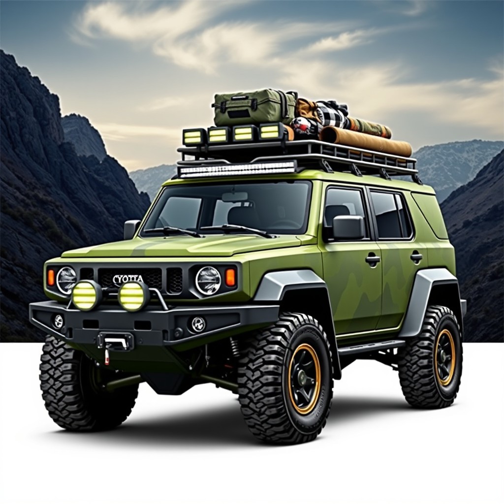 Design an off-road Toyota Kijang Super with rugged features, high ground clearance, large all-terrain tires, a powerful front grill, protective bumpers, and reinforced body to withstand rough terrains
