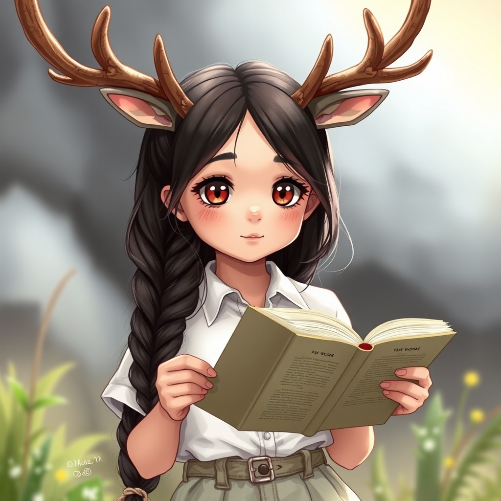 A girl with deer ears and antlers, holding an open book in her hands
