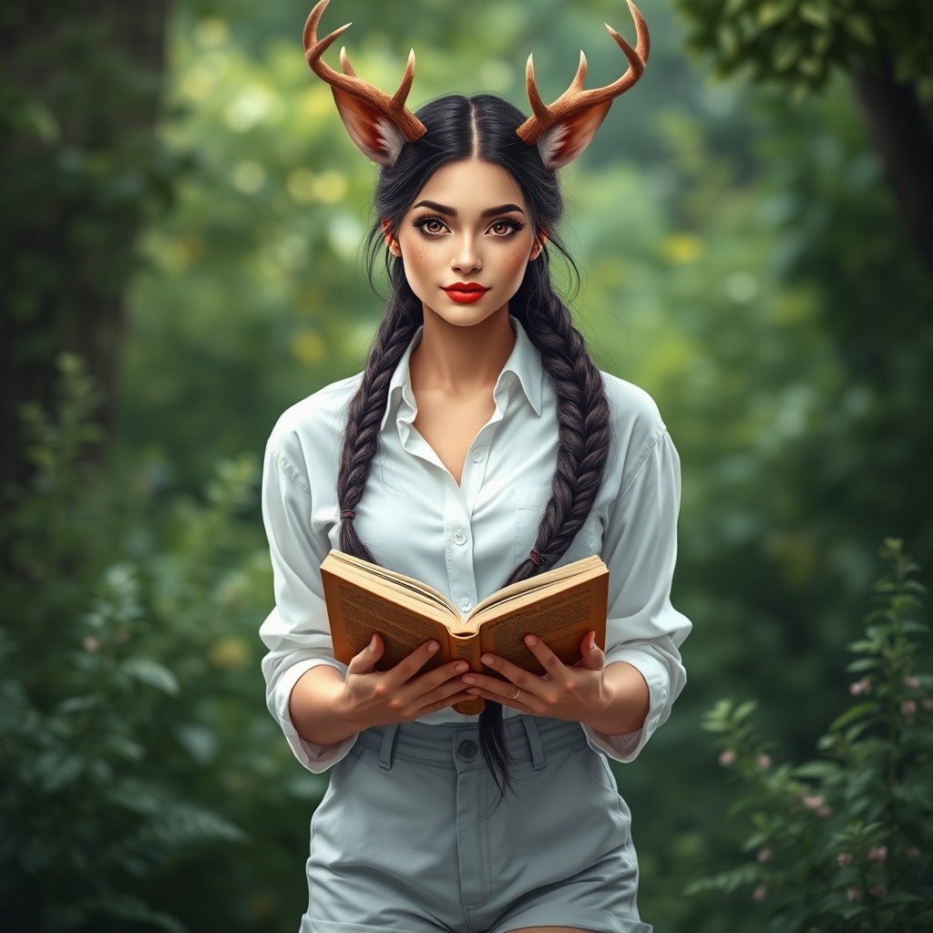 A woman with deer ears and antlers, elegantly holding an open book in her hands