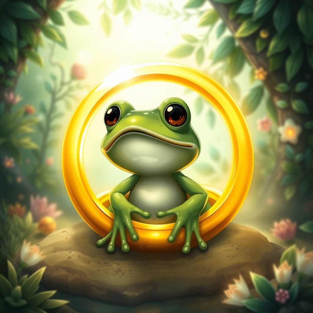 A cute frog standing inside a glowing golden ring reminiscent of the One Ring from Lord of the Rings, surrounded by a whimsical fantasy landscape