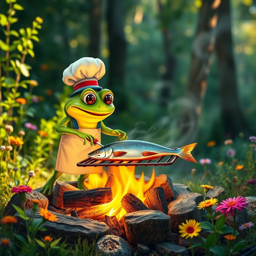 A whimsical scene featuring a cheerful frog grilling fresh mackerel on a campfire