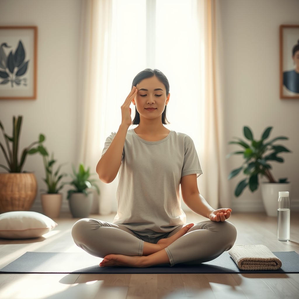 A serene indoor scene showcasing a person practicing face yoga