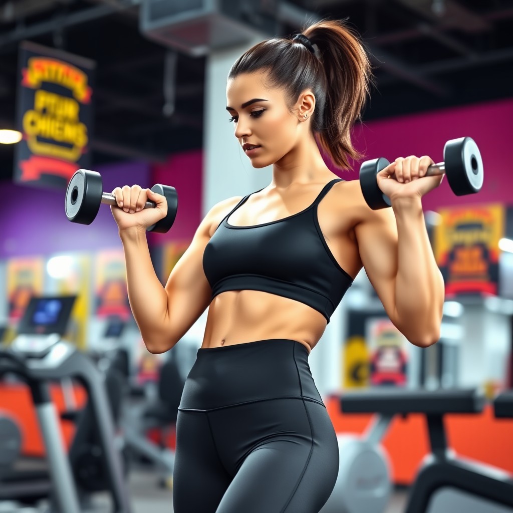 A fit college brunette girl in a vibrant gym, intensely working out
