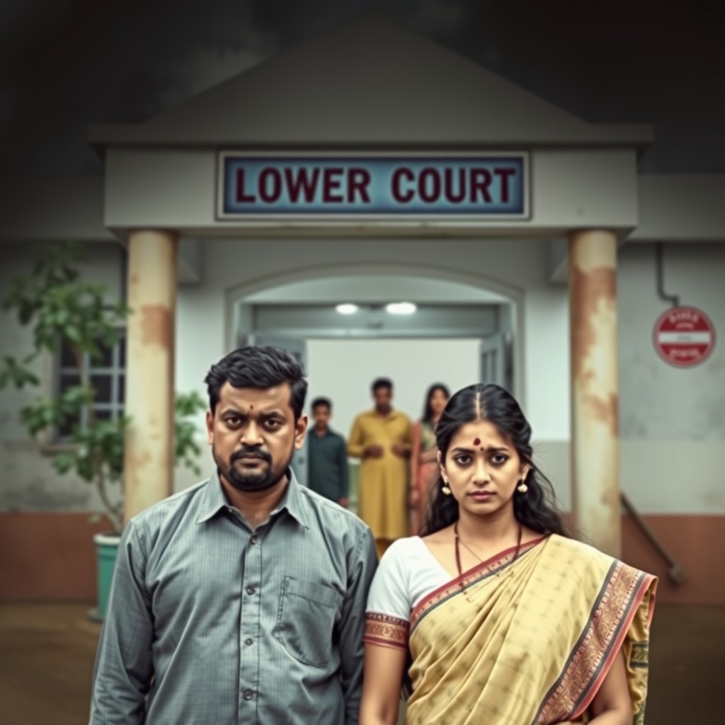 A poignant scene of a couple standing in front of an Indian lower court, depicting their emotional experience as they prepare for divorce proceedings