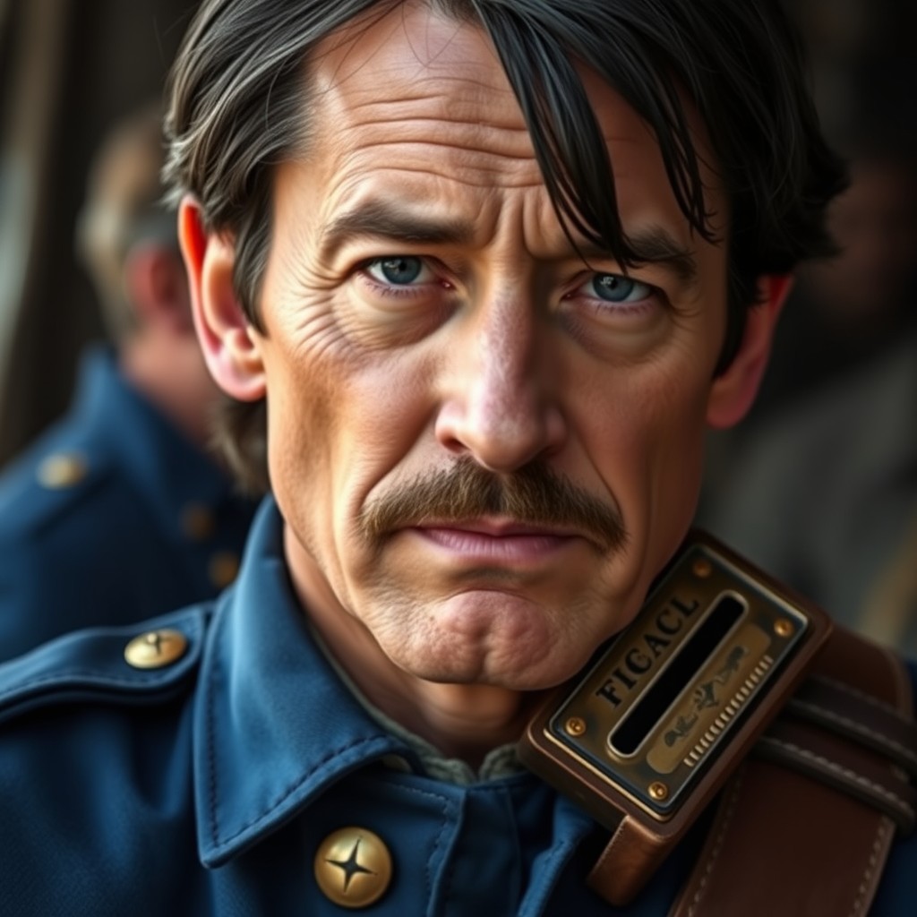 A thirty-year-old man with a tired yet kind face, featuring dark hair casually brushed back and neatly trimmed mustache