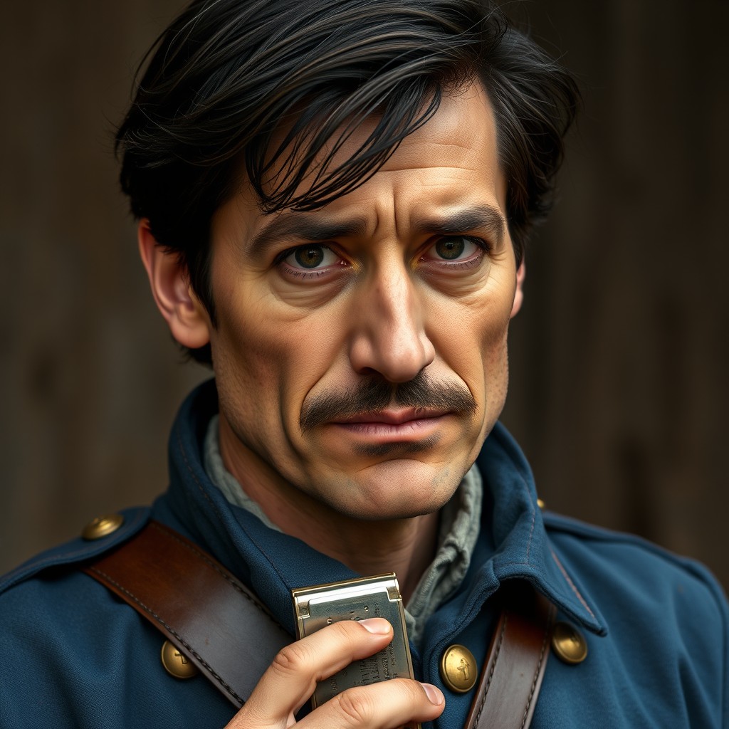 A thirty-year-old man with a tired yet kind face, dark hair casually brushed back, and a neatly trimmed mustache