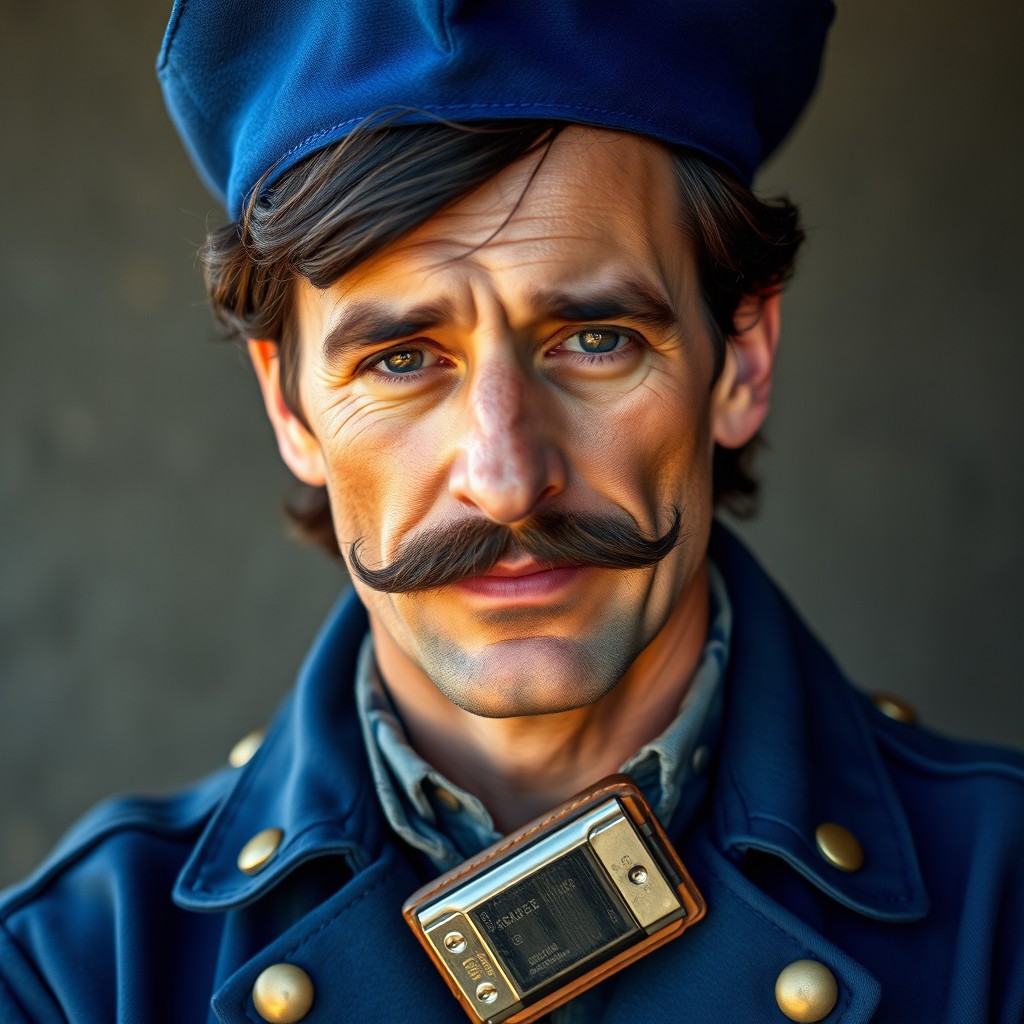 A thirty-year-old man with a tired yet kind face, dark hair casually brushed back, and elegantly curled mustache