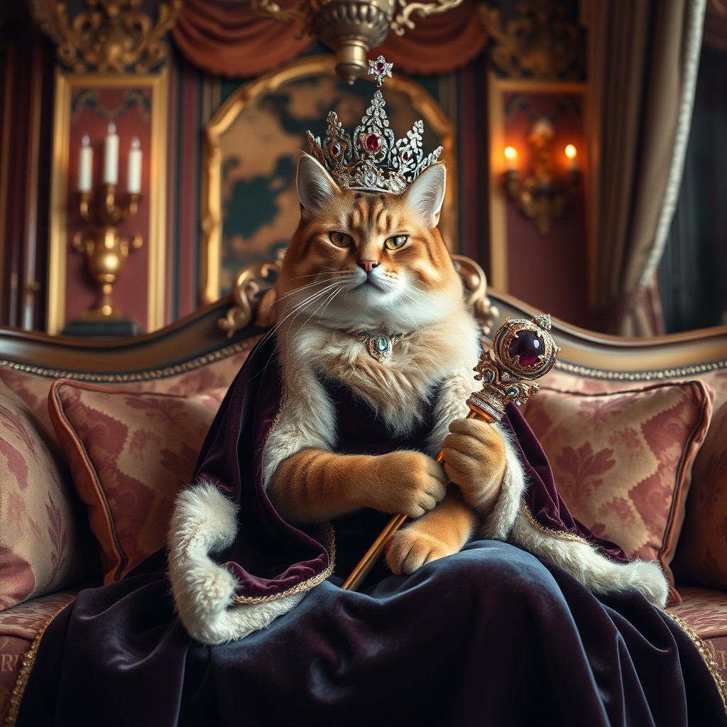 A regal cat portrayed as a royal lady, elegantly sitting on a luxurious sofa