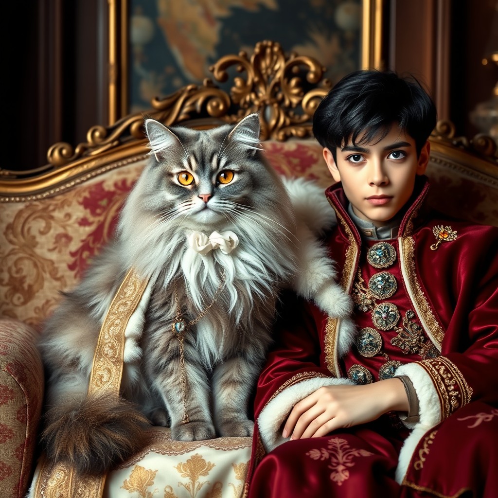A fluffy gray Siberian cat with a white nose and amber eyes sitting majestically on a lavish sofa, dressed in an elegant royal gown