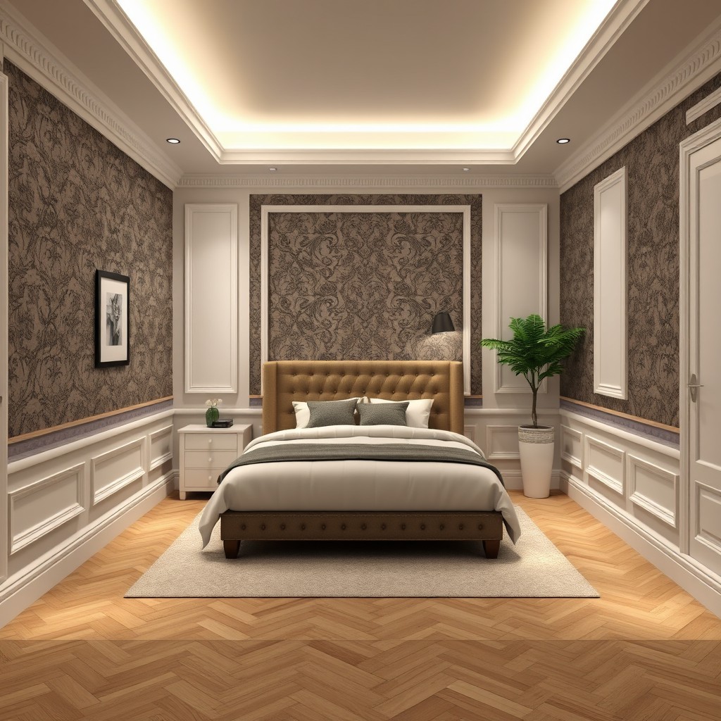 A cozy bedroom design measuring 250×250 cm, featuring a bed sized 190×90 cm positioned against the wall
