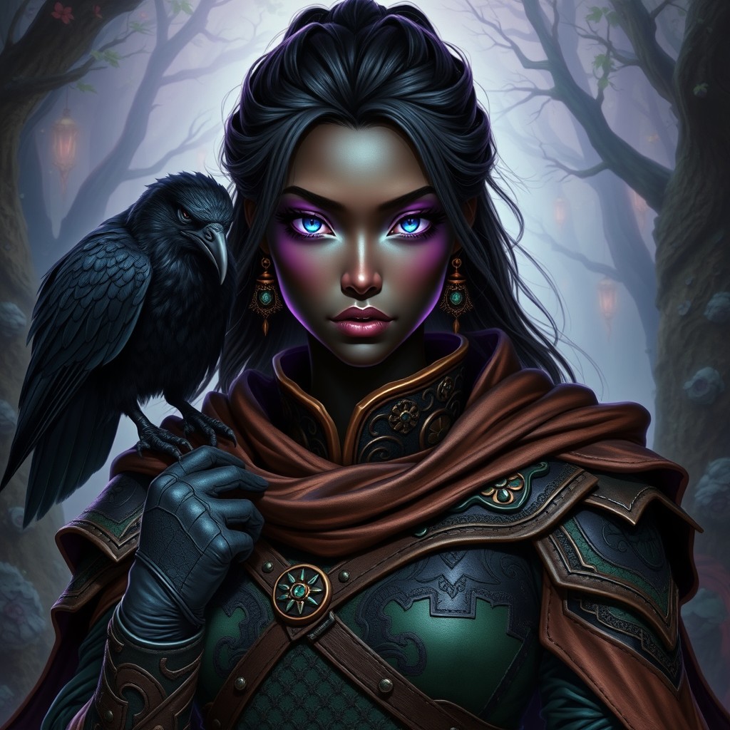 A powerful female Asian sorceress with black skin and striking neon purple features, including mesmerizing blue eyes