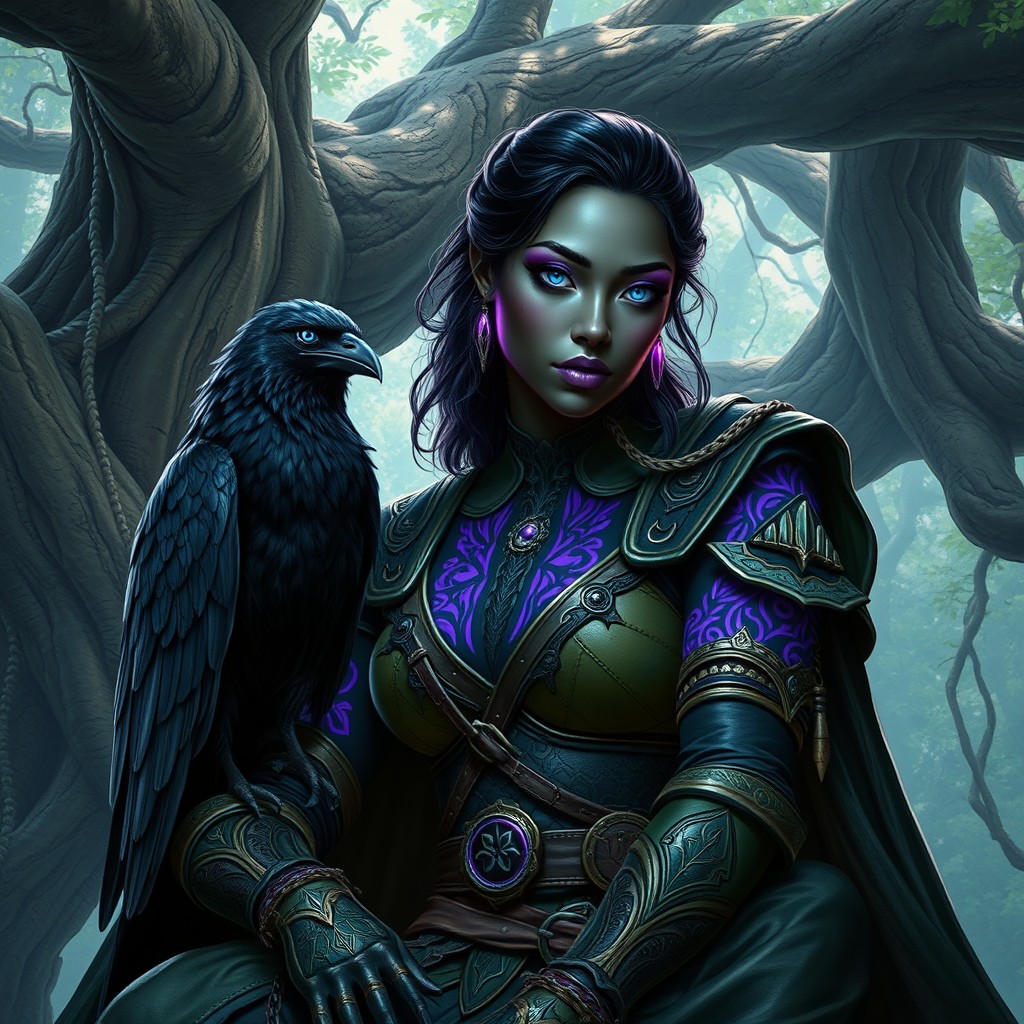 A powerful female Asian sorceress with black skin, adorned with stunning neon purple and white tattoos that shimmer in the light