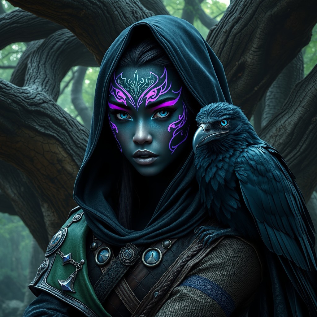 A captivating female Asian sorceress with black skin, adorned with striking neon purple and white face tattoos that radiate mystical energy