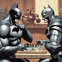 Batman and Iron Man deeply immersed in a game of chess, with various other superheroes spectating with interest and anticipation.