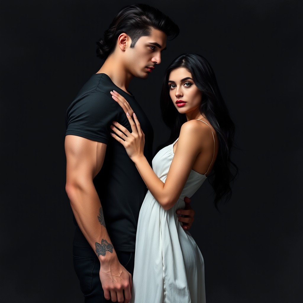 A romantic New Adult book cover featuring a tall, muscular Italian man with pale skin, black wavy hair, and intense cerulean blue eyes
