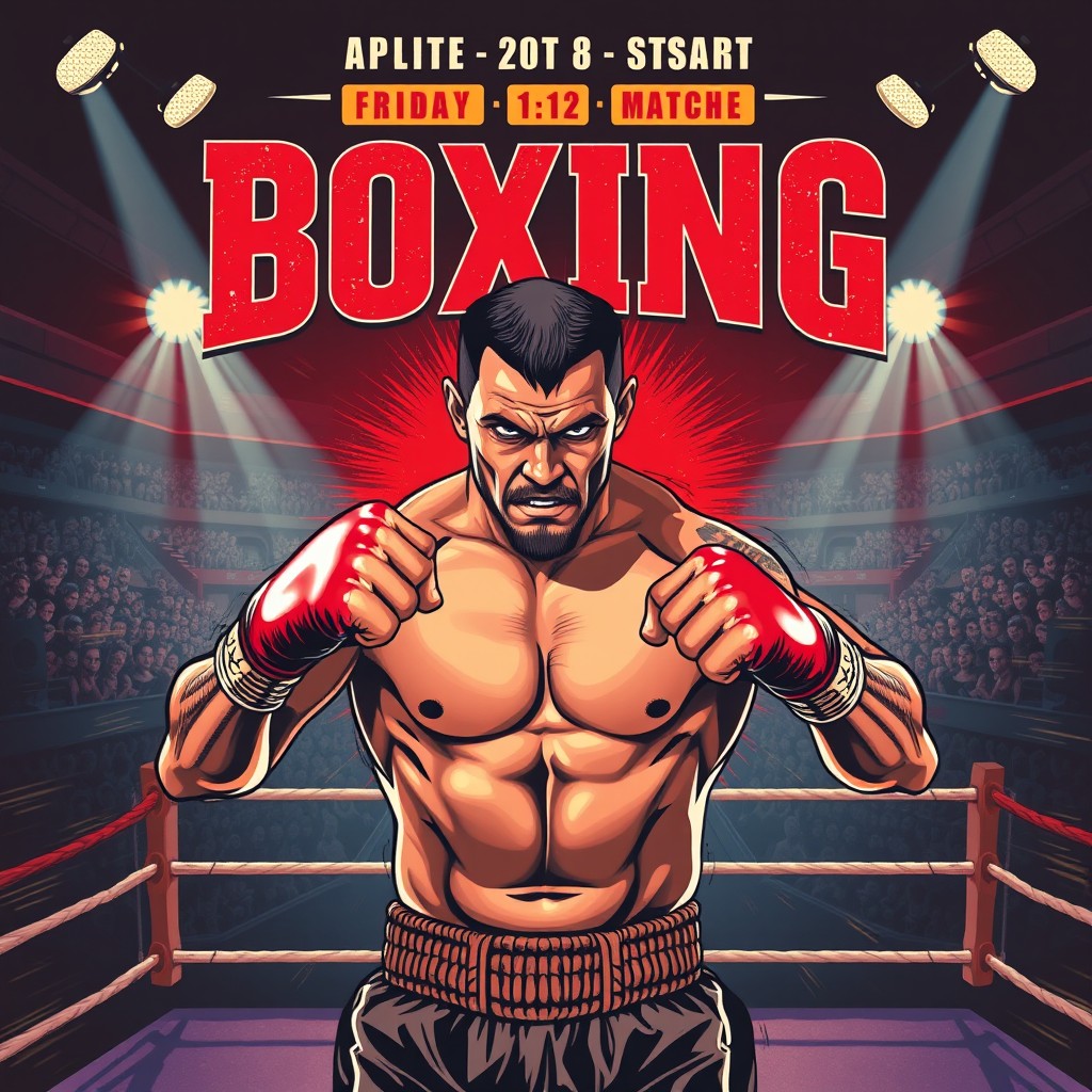 A dynamic boxing match poster featuring a fierce heavyweight boxer in a classic stance, showcasing muscles and tattoos, with intense facial expressions