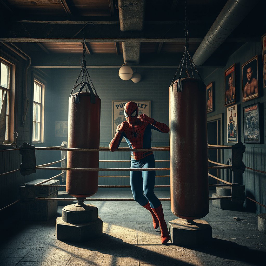 An old, worn boxing gym in a vintage style, reminiscent of Spiderman training