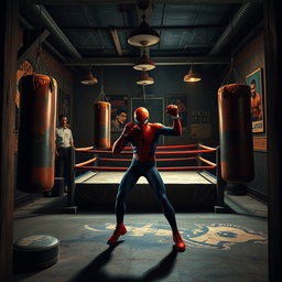 An old, worn boxing gym in a vintage style, reminiscent of Spiderman training