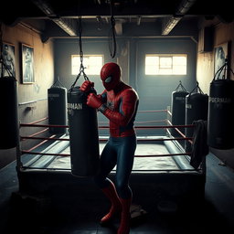 An old, worn boxing gym in a vintage style, reminiscent of Spiderman training