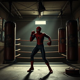 An old, worn boxing gym in a vintage style, reminiscent of Spiderman training