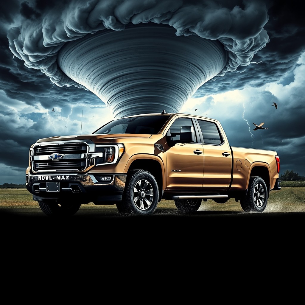 A powerful double cab truck with a tornado swirling around it, showcasing the truck's rugged design against a dramatic sky filled with dark storm clouds